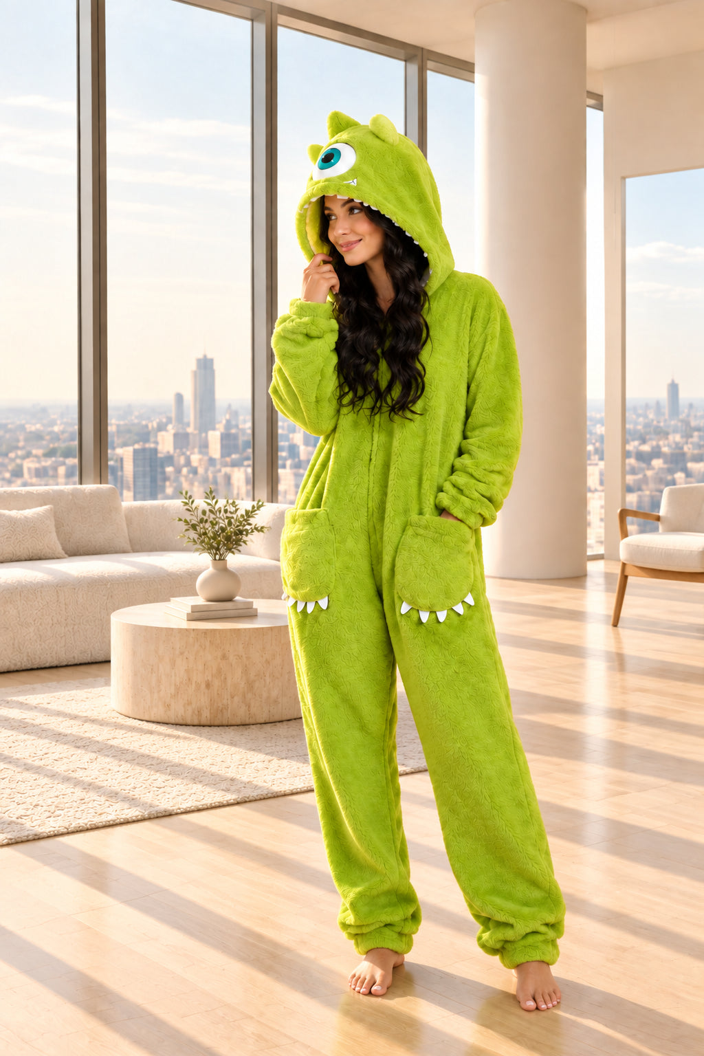A person wearing a bright lime green monster onesie stands in a kitchen in front of an open refrigerator. The hood has a large eye detail, and the legs have small white teeth accents.