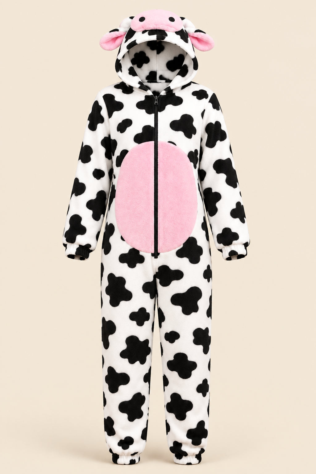 A woman wearing a plush cow-print hooded onesie with pink inner panels and pink ears, seated against a pink studio background. A wicker chair is partly visible on the left, and a circular 'Z Home wear' logo appears in the top right with a code label in the bottom left.