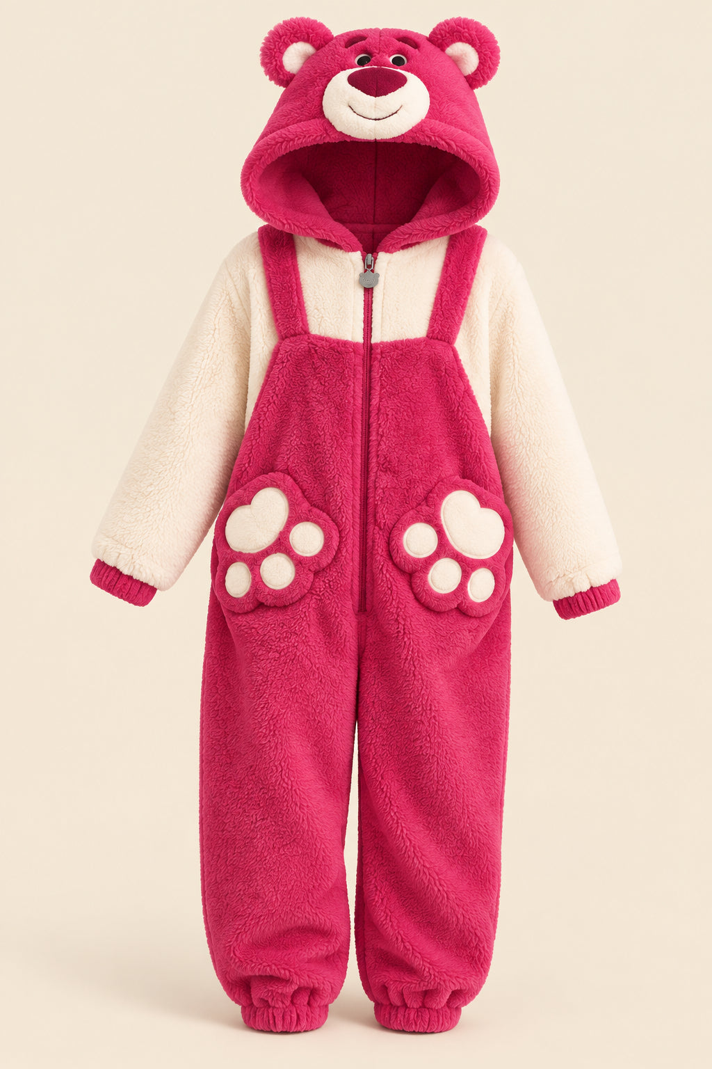 A person wearing a plush teddy bear onesie pajama with a hood, featuring a pink body, cream sleeves, and paw-print details on the legs, posed indoors against a beige wall.