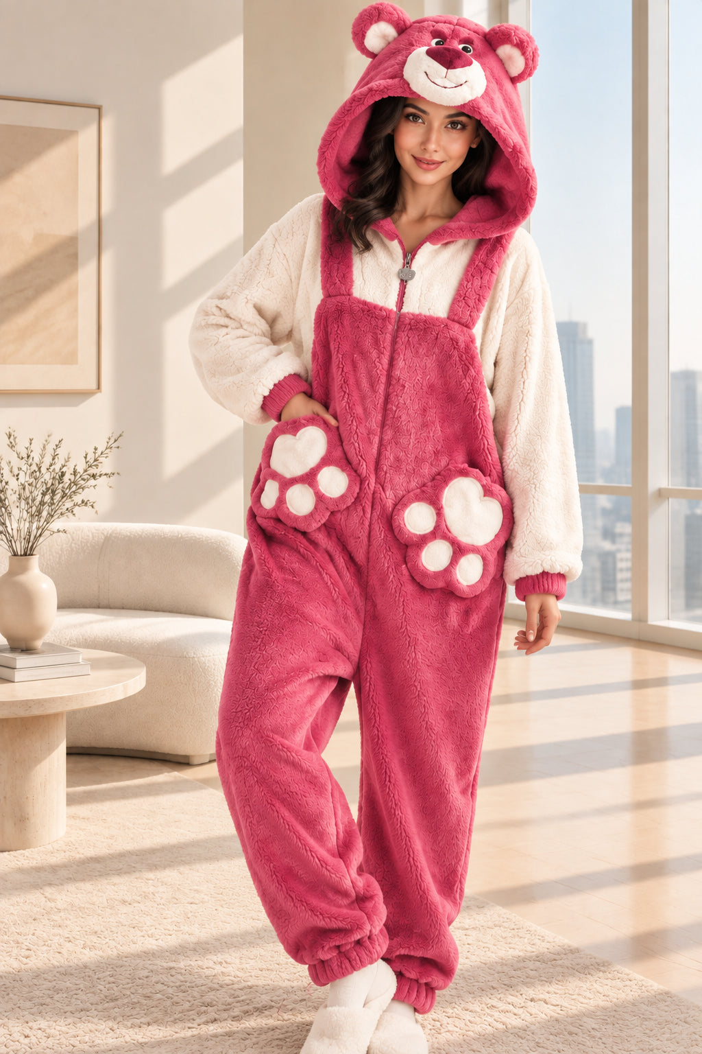 A person wearing a plush teddy bear onesie pajama with a hood, featuring a pink body, cream sleeves, and paw-print details on the legs, posed indoors against a beige wall.