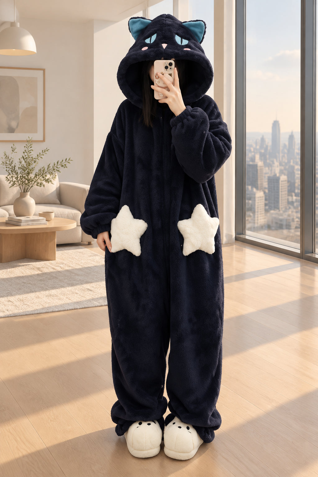 A person wearing a plush dark navy cat-themed one-piece pajama with a hood, blue eyes, and white star patches on the legs, taking a mirror selfie in a bedroom.