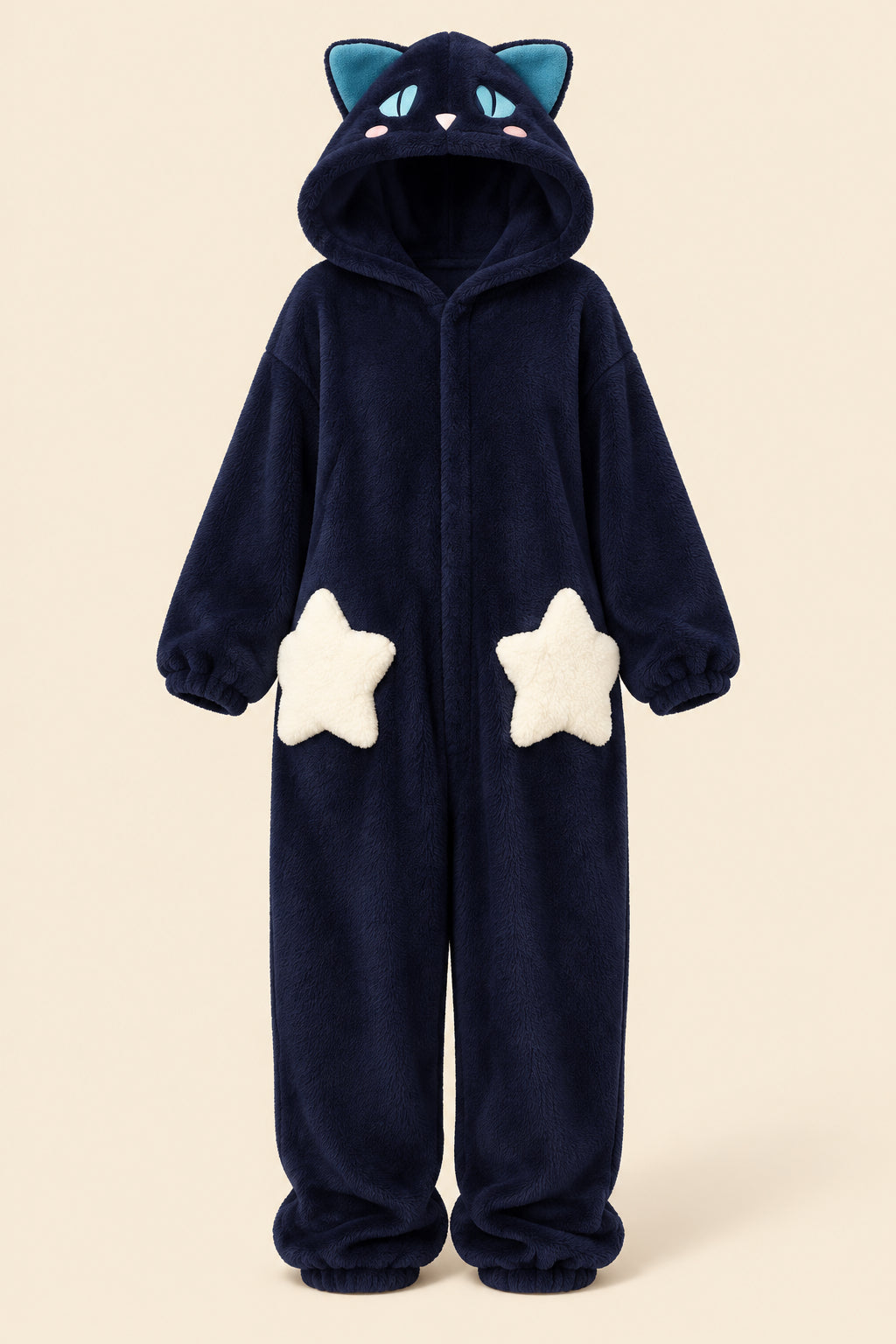 A person wearing a plush dark navy cat-themed one-piece pajama with a hood, blue eyes, and white star patches on the legs, taking a mirror selfie in a bedroom.