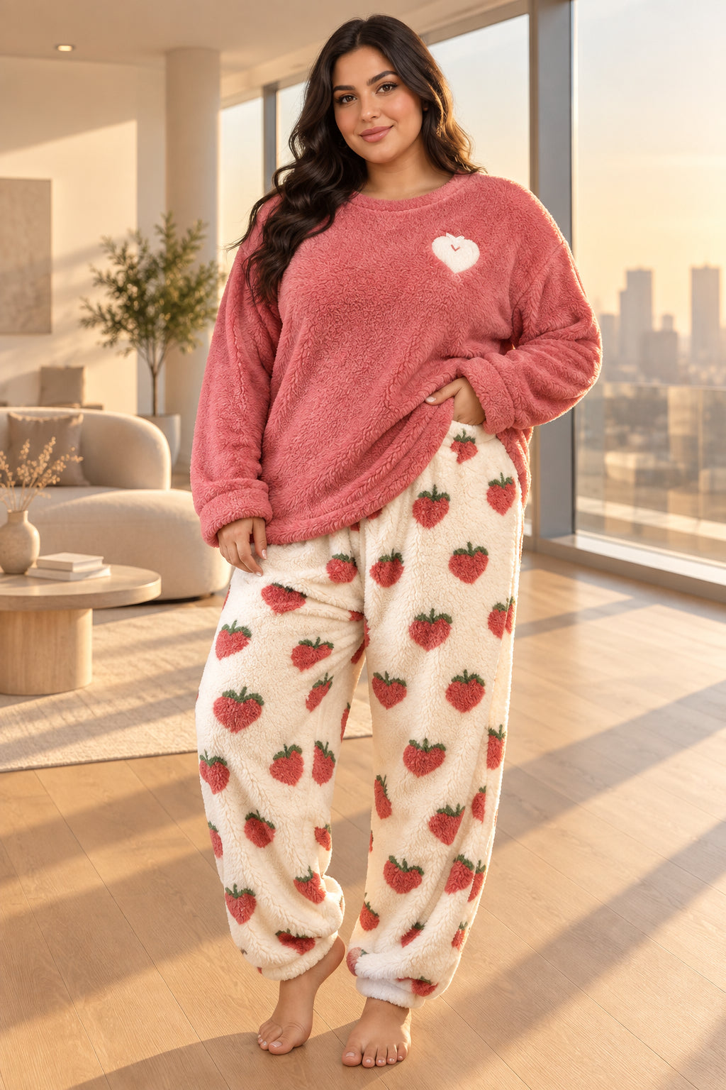 Women's Plus Size Fluffy Strawberry Pajama Set