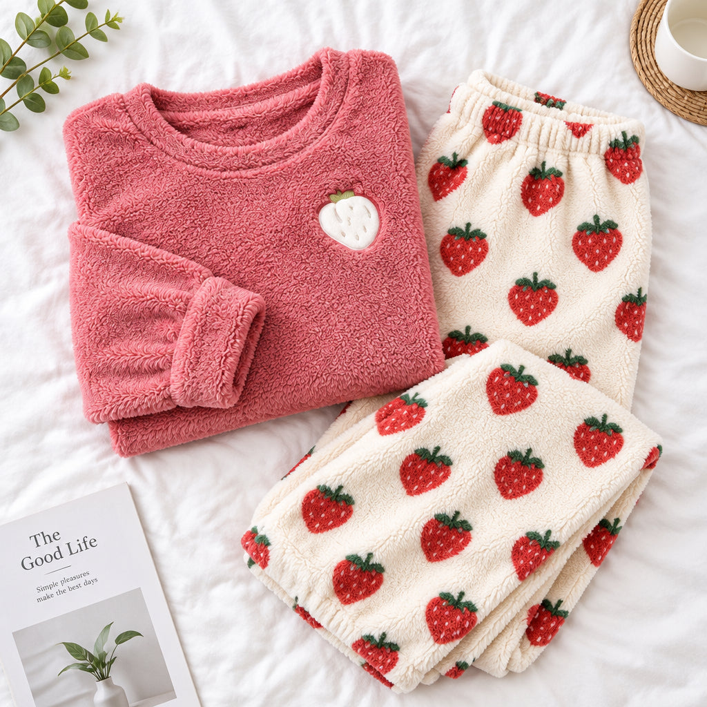 Women's Plus Size Fluffy Strawberry Pajama Set