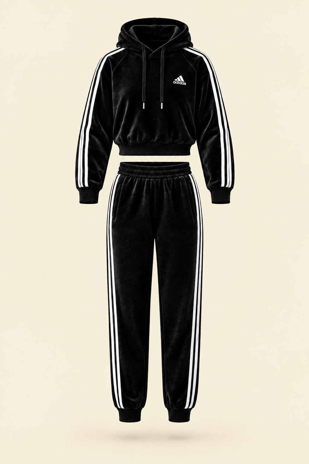 A black Adidas tracksuit laid flat on a white fabric background, featuring a velour hoodie with white three-stripe detailing on the sleeves and chest logo, paired with matching black jogger pants.