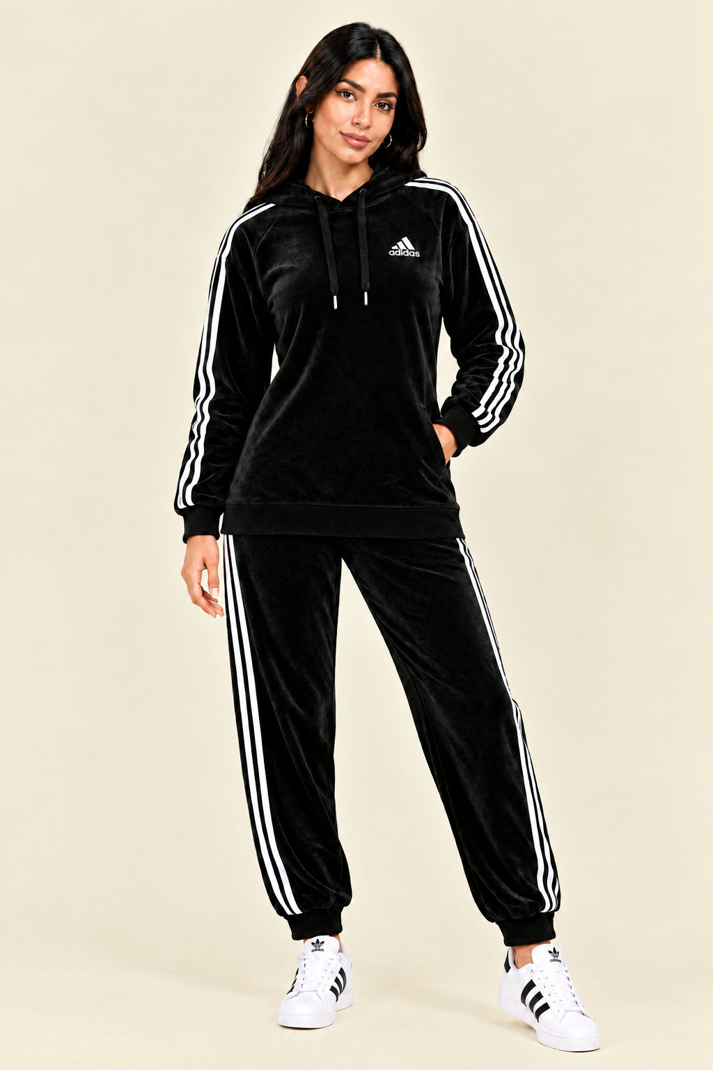 A black Adidas tracksuit laid flat on a white fabric background, featuring a velour hoodie with white three-stripe detailing on the sleeves and chest logo, paired with matching black jogger pants.