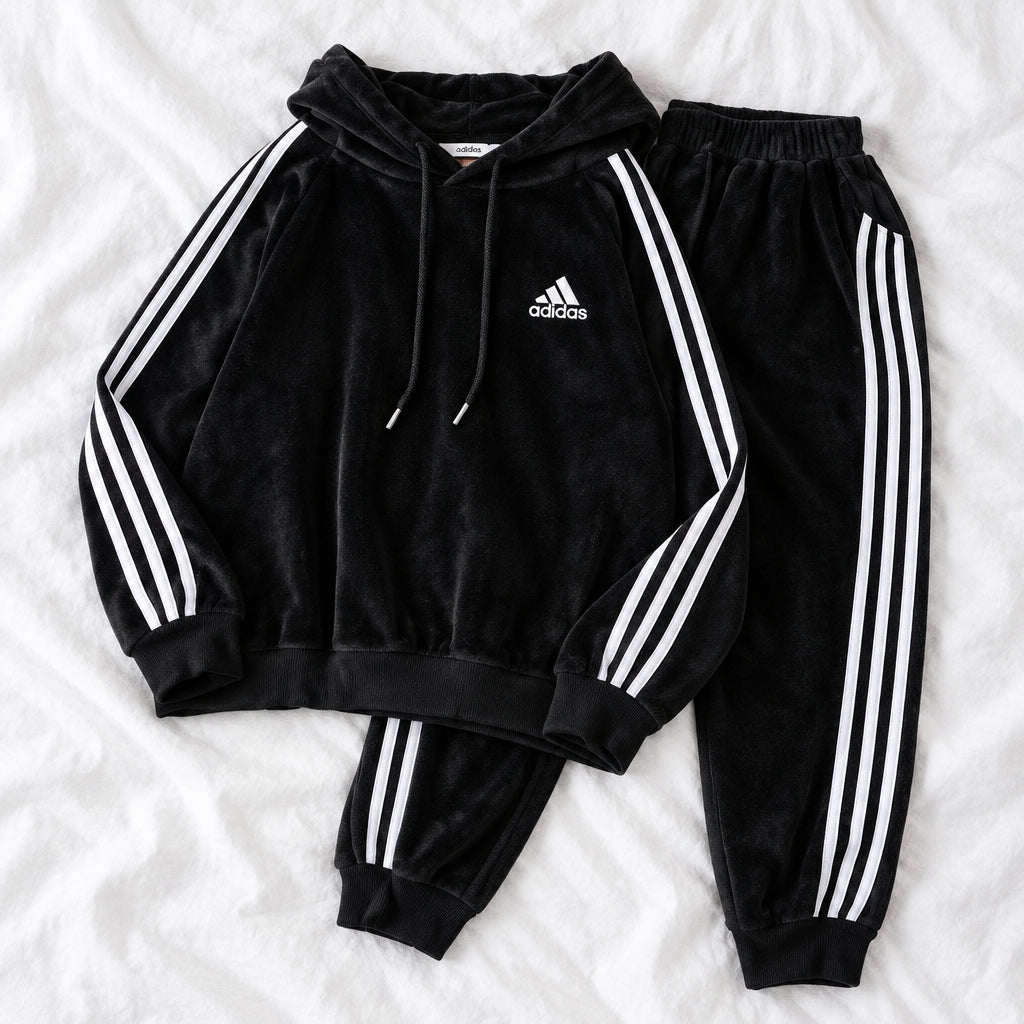 A black Adidas tracksuit laid flat on a white fabric background, featuring a velour hoodie with white three-stripe detailing on the sleeves and chest logo, paired with matching black jogger pants.