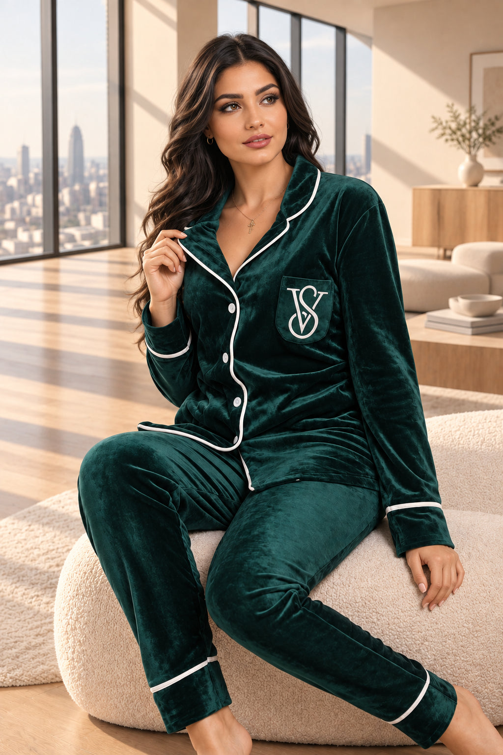A woman wearing a dark green velvet pajama set with white piping and a white embroidered monogram logo on the chest, sitting on a pink velvet sofa in an indoor setting.