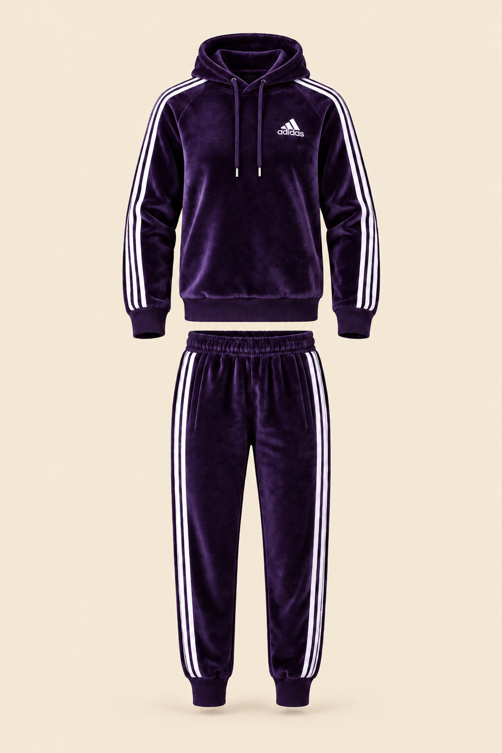 A dark purple Adidas tracksuit laid flat on a white fabric background, featuring a hooded sweatshirt with white three-stripes and a matching pair of jogger pants. A small white Adidas logo is visible on the chest.