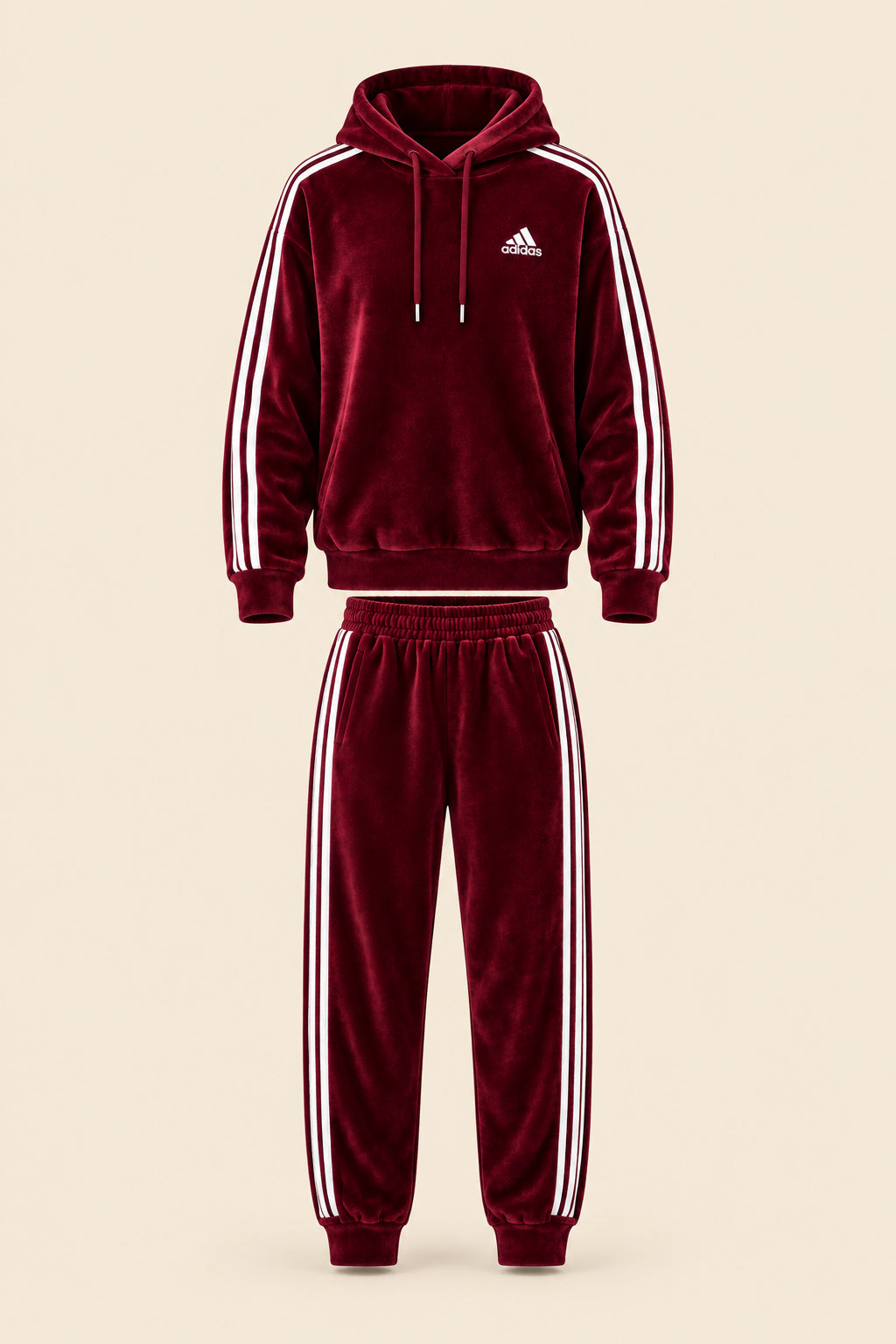 A maroon Adidas tracksuit set consisting of a hooded sweatshirt and matching joggers, laid flat on a white fabric background. The tracksuit features white three-stripes on the sleeves and legs, a white Adidas logo on the chest, and white drawstrings.
