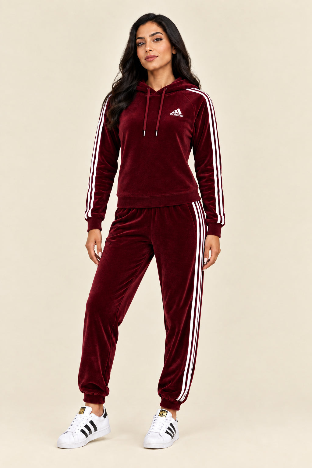 A two-piece Adidas tracksuit in maroon velvet, featuring a pullover hoodie with white three-stripes on the sleeves and a white logo on the chest, paired with matching jogger pants with white three-stripes down the side.