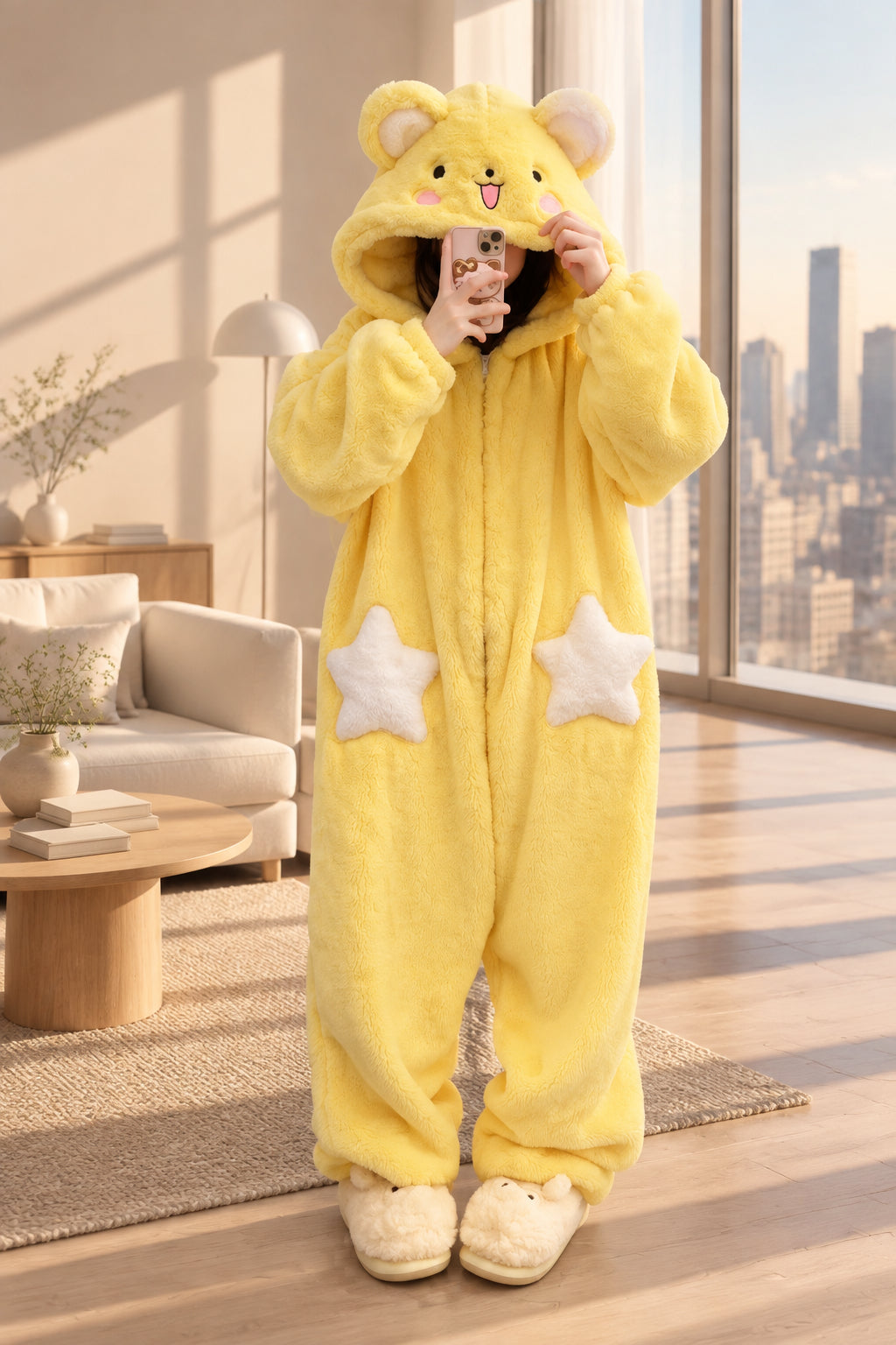 A person wearing a fluffy yellow bear-themed hooded onesie with white star patches on the legs, taking a mirror selfie in a bedroom setting.