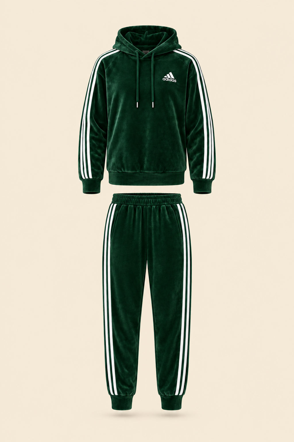 A dark green Adidas tracksuit laid flat on a white fabric background, featuring a hooded sweatshirt with white three-stripe detailing on the sleeves and a matching pair of jogger pants.