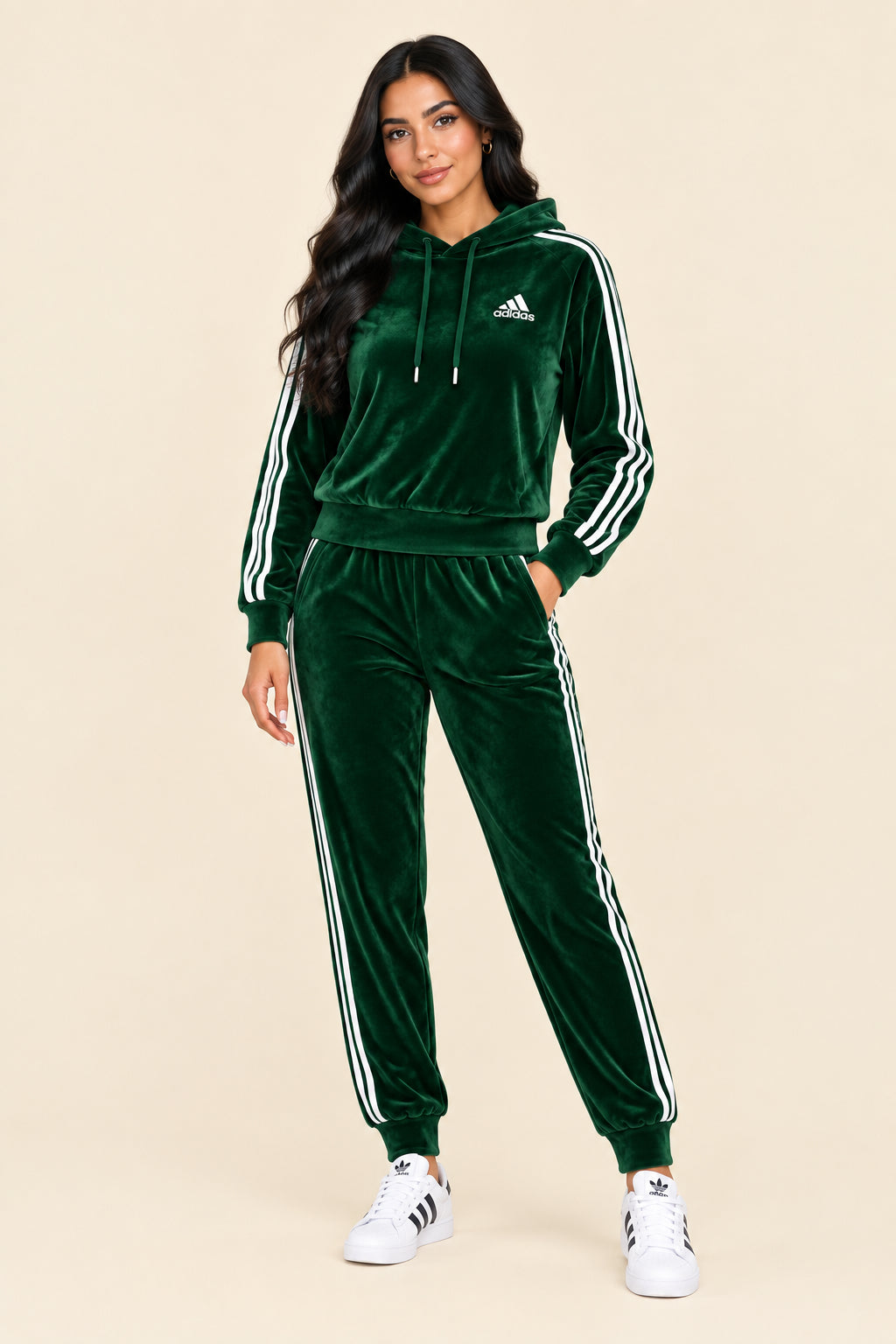 A dark green velour tracksuit set featuring a hooded sweatshirt and matching jogger pants, both with white three-stripes down the sleeves and legs, and a white Adidas logo on the chest.