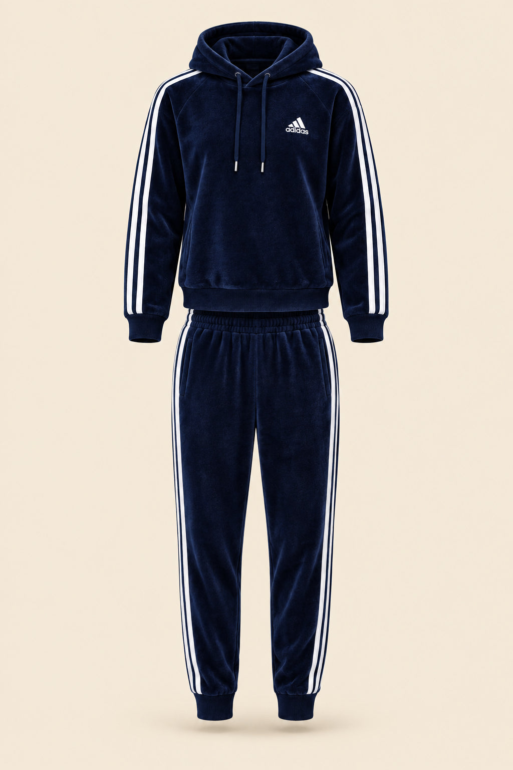 A navy blue Adidas tracksuit laid flat on a white fabric background, featuring a hooded sweatshirt with white three-stripes on the sleeves and a matching pair of jogger pants.