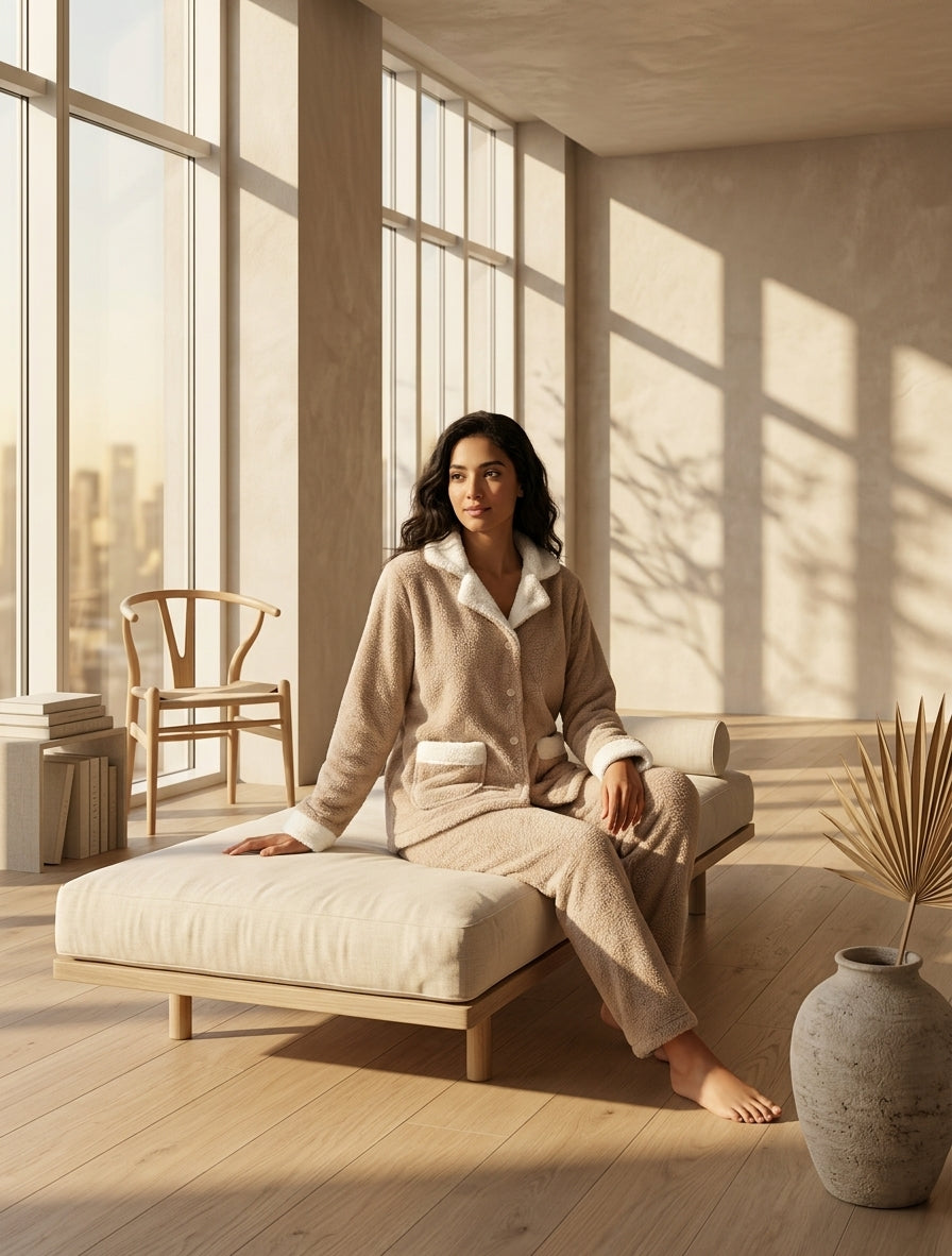 A woman sits on a light beige daybed in a sunlit modern room, wearing a matching beige lounge set with white sherpa lining. The room features large windows, warm natural light, and a neutral decor palette.
