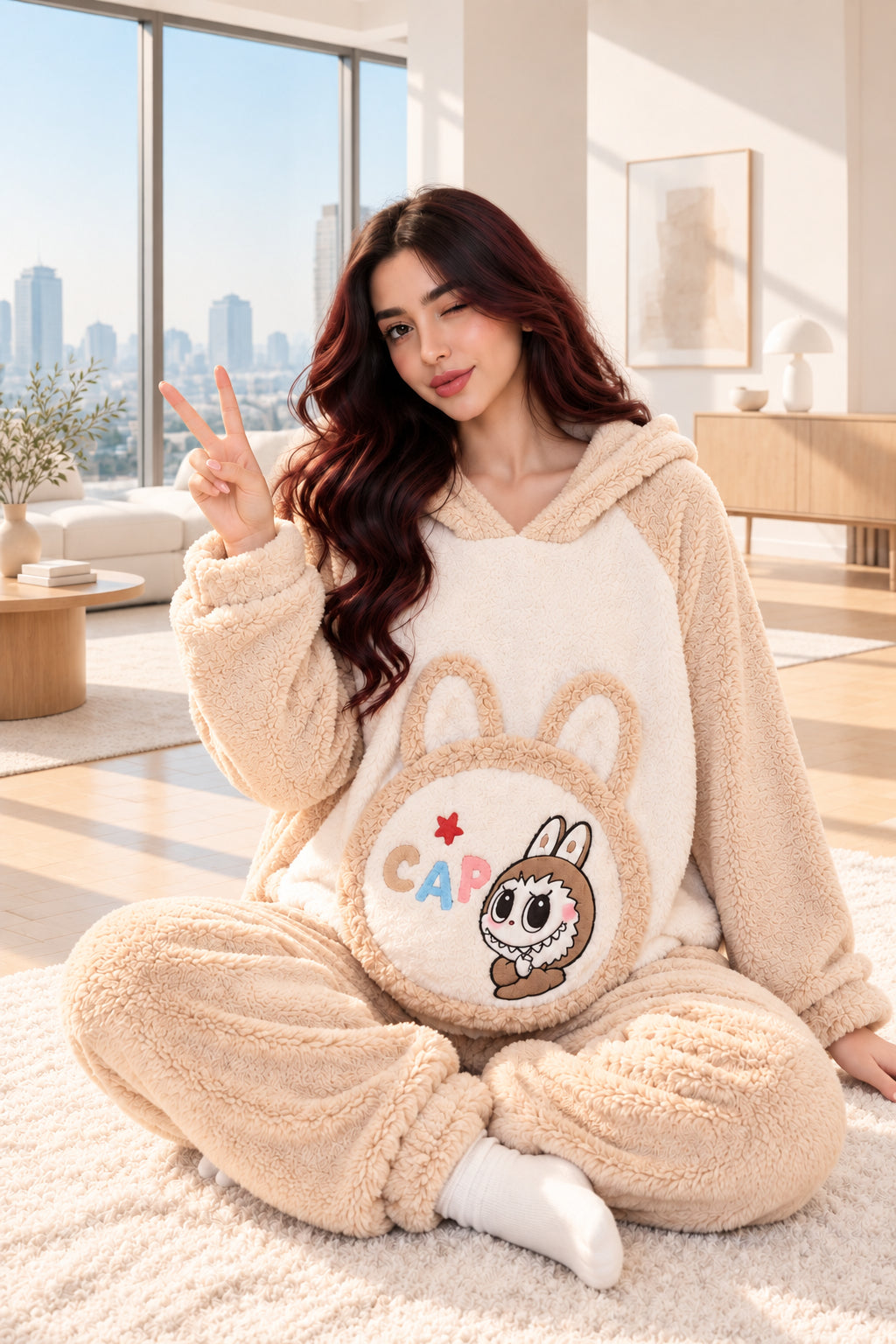 A woman wearing a beige and cream plush hooded pajama set with a cartoon rabbit graphic on the front, sitting on a fluffy rug and making a peace sign. A rabbit plush toy sits on a box to her left, and a brand logo overlay for 'Hesham Lotte' is in the top-left corner.