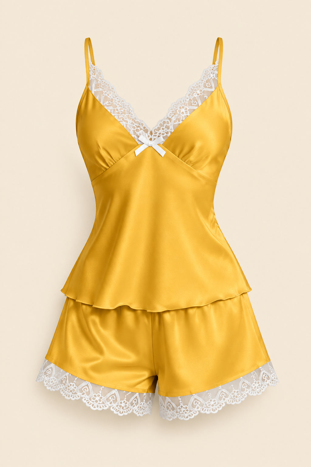 A woman models a satin two-piece lingerie set in mustard yellow with white lace trim, featuring a camisole top and matching shorts. The image includes an inset showing the full outfit, a brand logo 'ASAAL Lingerie' in the top right, and a code label 'Code 229' in the bottom right.