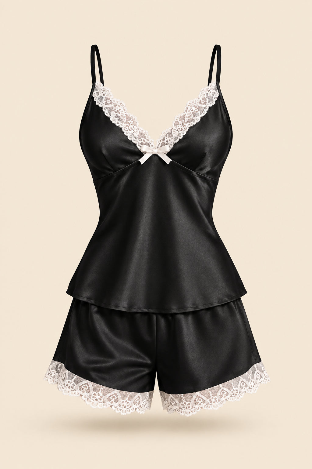 A woman models a black satin slip set with white lace trim, featuring a camisole top and matching shorts. The image includes an inset of the model wearing the set, a brand logo 'ASAAL Ladies' in the top right, and a code label 'Code 229' in the bottom right.