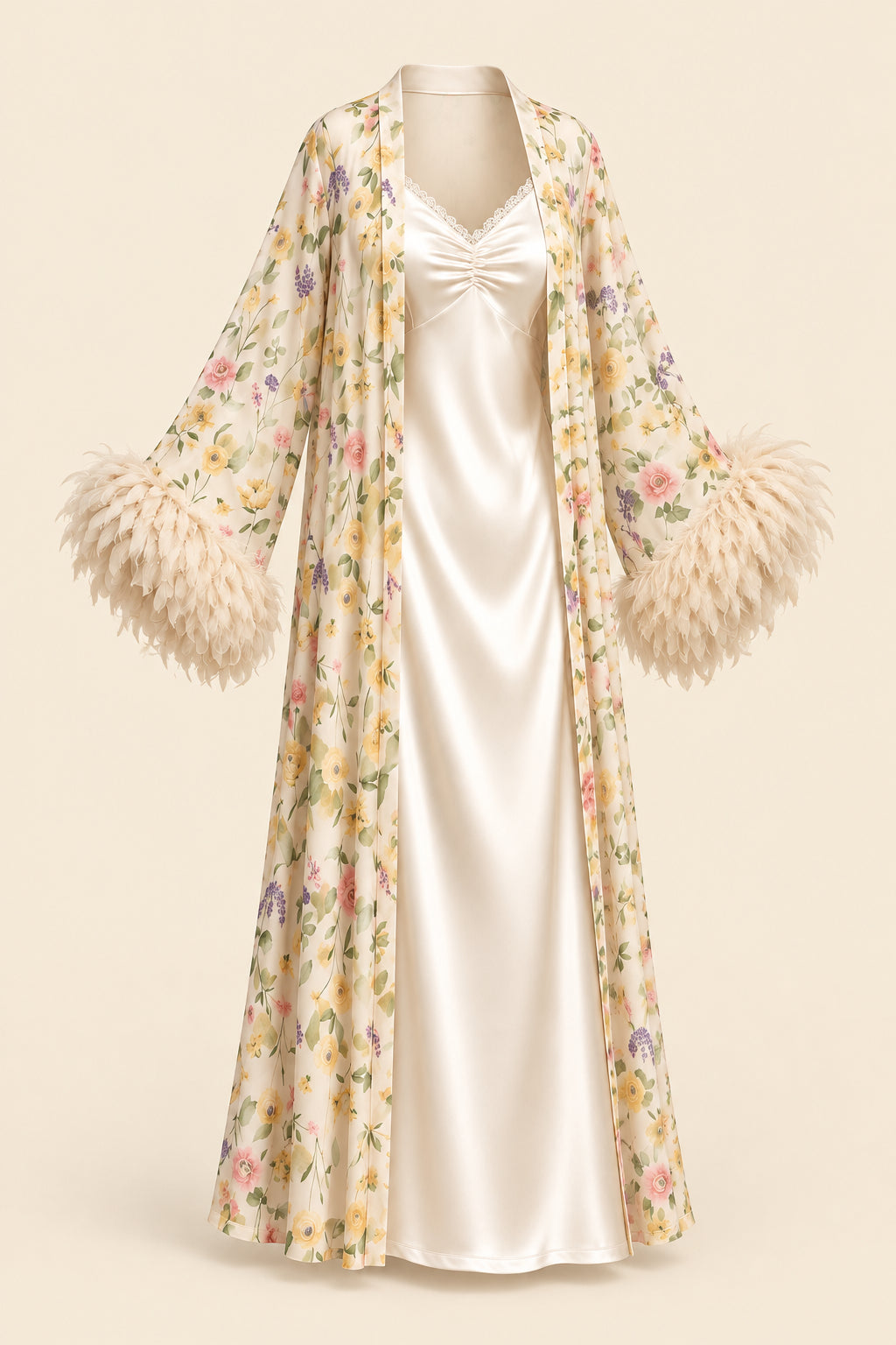 A woman models a cream satin slip dress with a matching floral print open-front cardigan featuring feathered bell sleeves, posed in an elegant indoor setting. The brand logo 'Aissaal Lingree' is visible in the top left, with a product code badge in the bottom right.