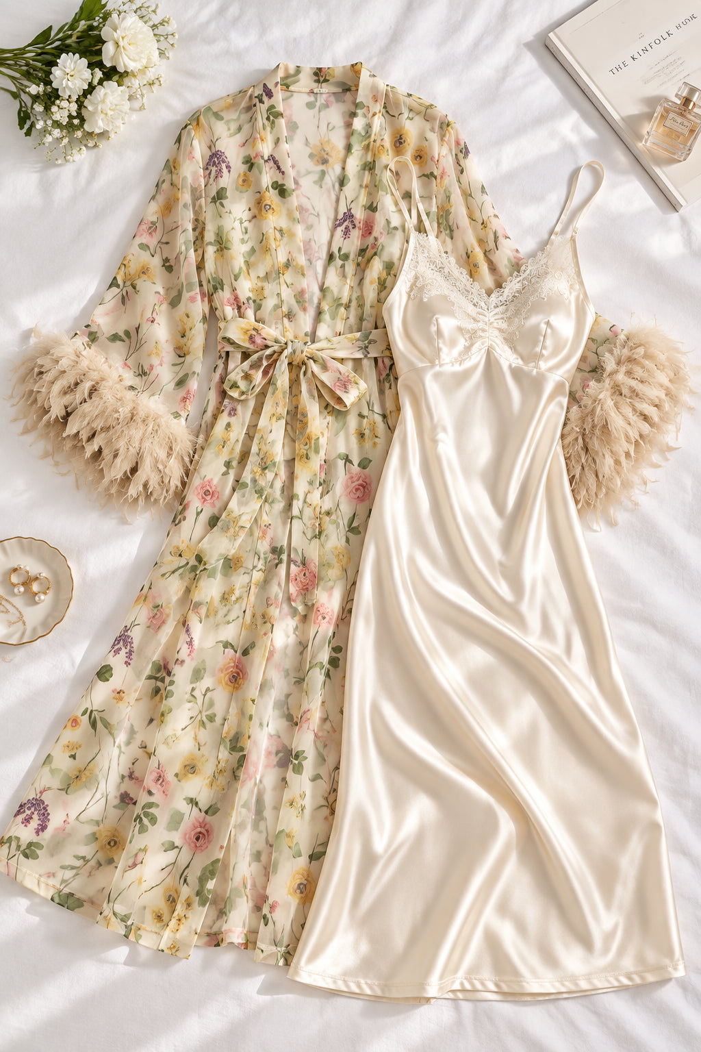 A woman models a cream satin slip dress with a matching floral print open-front cardigan featuring feathered bell sleeves, posed in an elegant indoor setting. The brand logo 'Aissaal Lingree' is visible in the top left, with a product code badge in the bottom right.