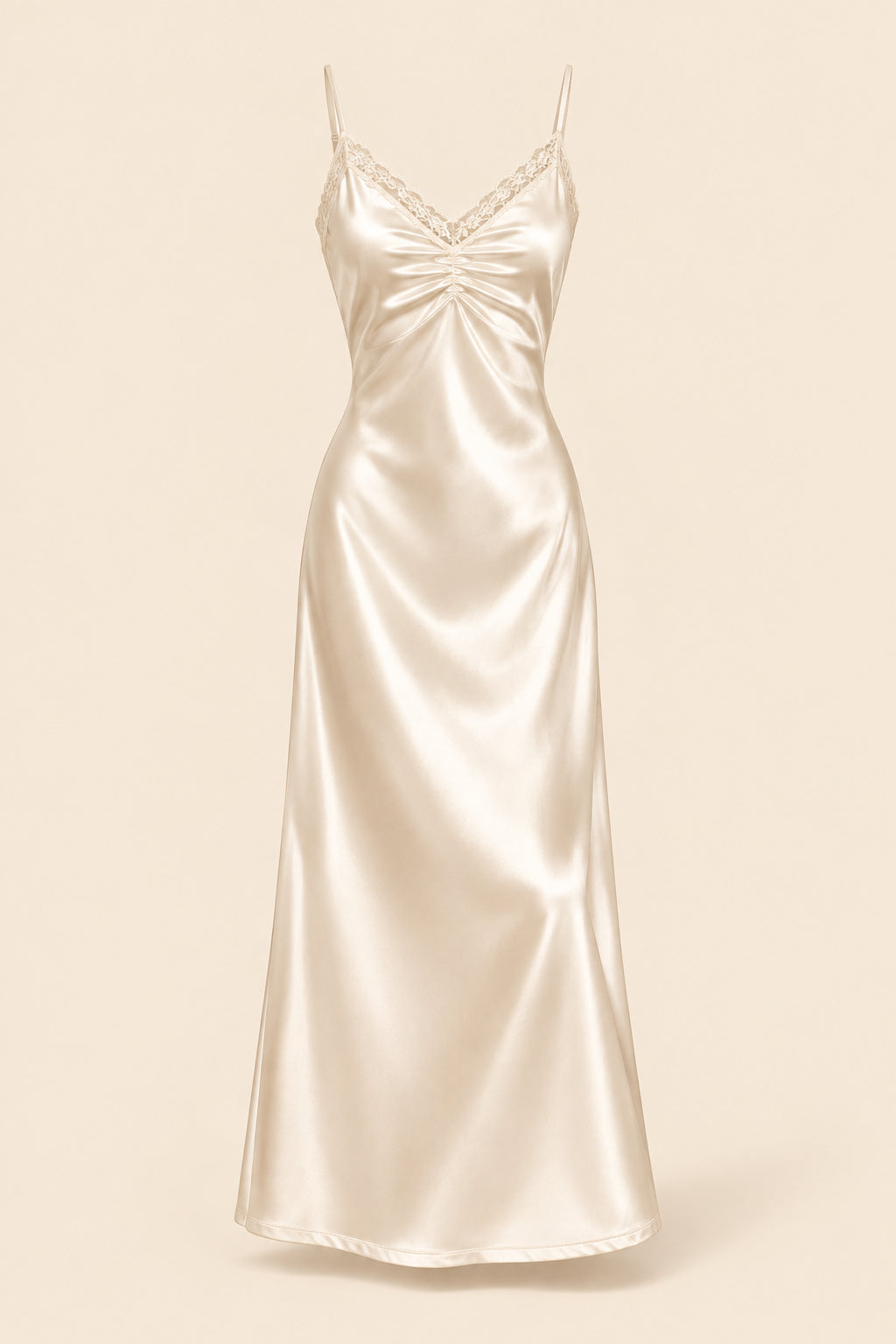 A woman models a cream satin slip dress with a matching floral print open-front cardigan featuring feathered bell sleeves, posed in an elegant indoor setting. The brand logo 'Aissaal Lingree' is visible in the top left, with a product code badge in the bottom right.