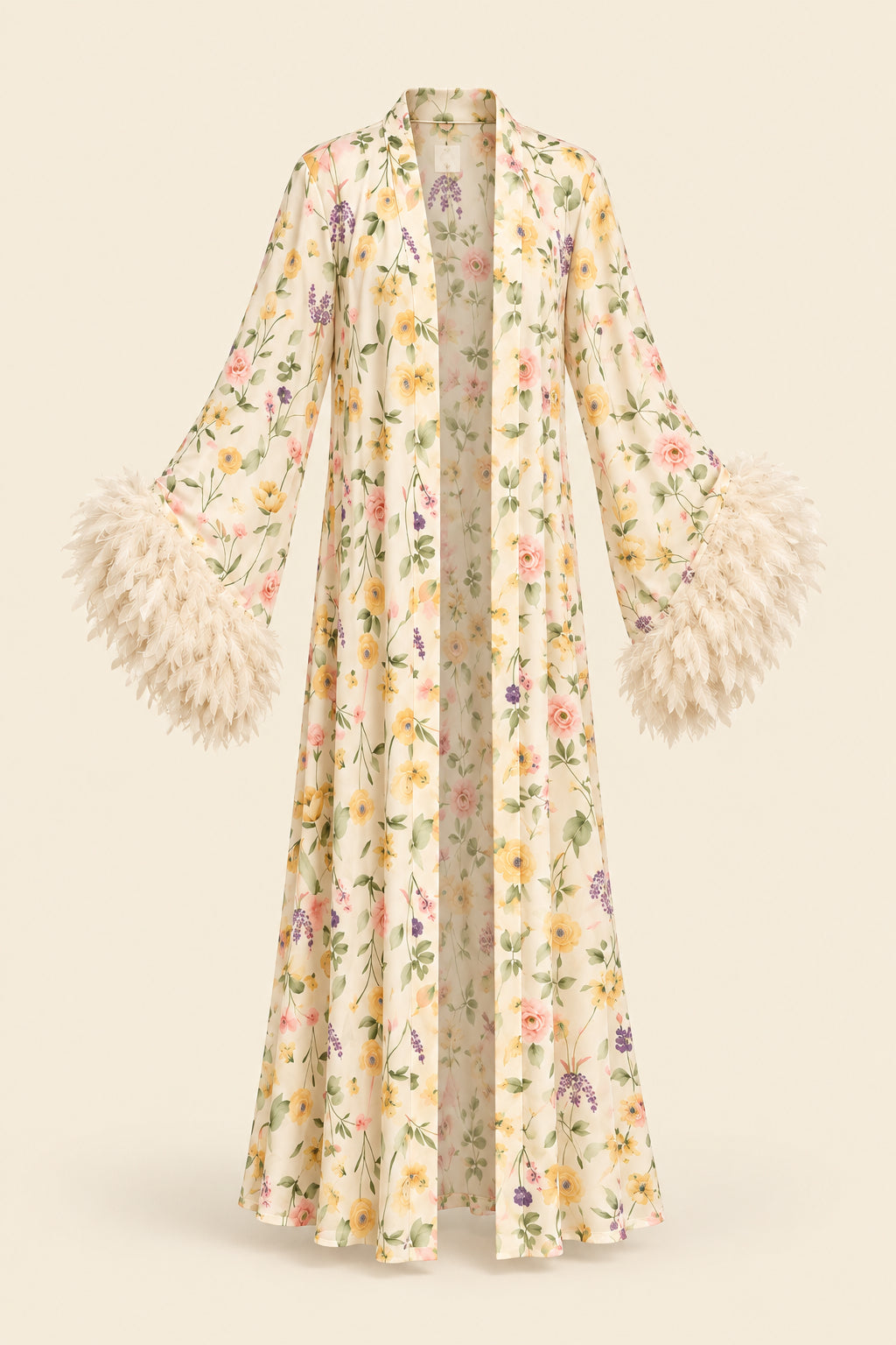 A woman models a cream satin slip dress with a matching floral print open-front cardigan featuring feathered bell sleeves, posed in an elegant indoor setting. The brand logo 'Aissaal Lingree' is visible in the top left, with a product code badge in the bottom right.