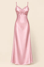 A light pink satin slip gown with thin spaghetti straps, a gathered sweetheart neckline, and a scalloped lace trim at the neckline, shown against a solid beige background.