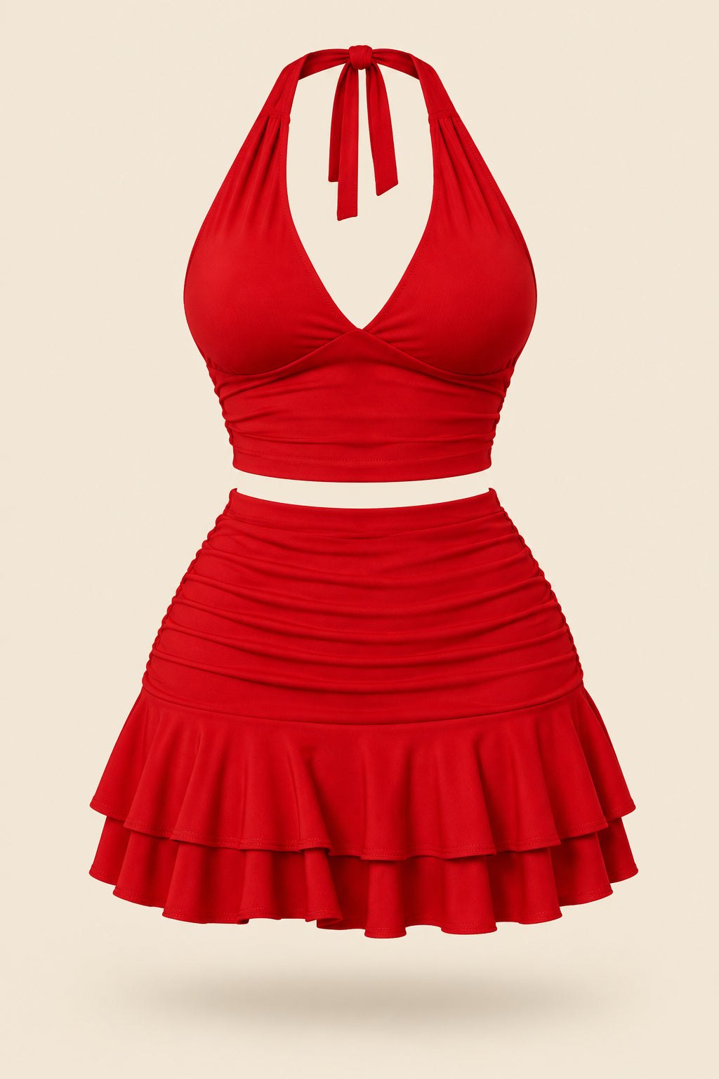 A woman modeling a bright red two-piece halter crop top and matching ruffled mini skirt, shown in front and back views. The image has a pink 'Divi shop' logo at the top and contact details at the bottom.