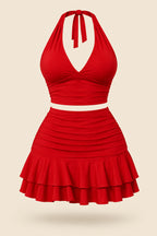 A woman modeling a bright red two-piece halter crop top and matching ruffled mini skirt, shown in front and back views. The image has a pink 'Divi shop' logo at the top and contact details at the bottom.