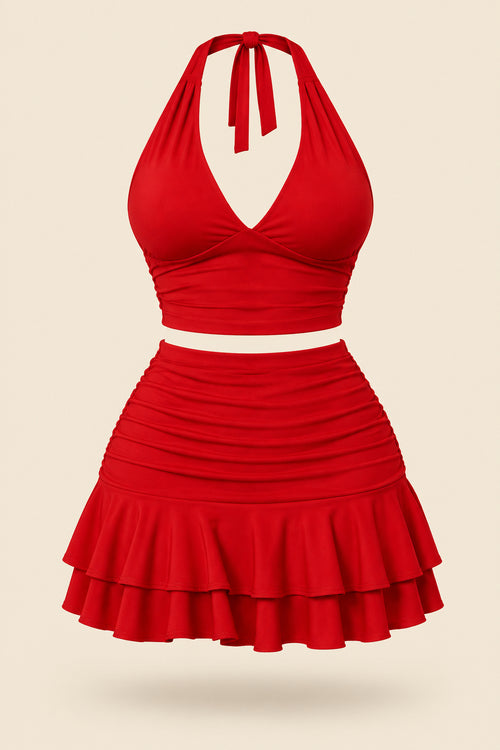 A woman modeling a bright red two-piece halter crop top and matching ruffled mini skirt, shown in front and back views. The image has a pink 'Divi shop' logo at the top and contact details at the bottom.