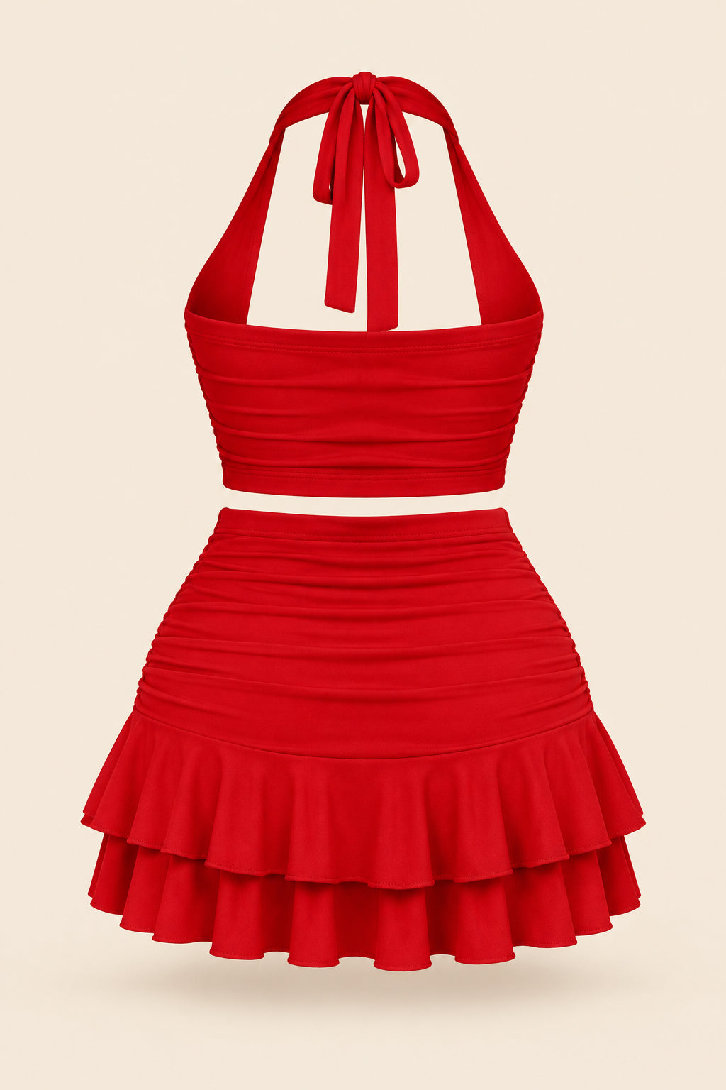 A woman modeling a bright red two-piece halter crop top and matching ruffled mini skirt, shown in front and back views. The image has a pink 'Divi shop' logo at the top and contact details at the bottom.