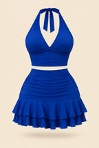 A woman modeling a royal blue two-piece halter set with a deep V-neck crop top and a ruffled mini skirt, shown in front and back views on a split background. A pink 'Diaou shop' logo is visible at the top, with contact details and 'Code:0120' at the bottom.