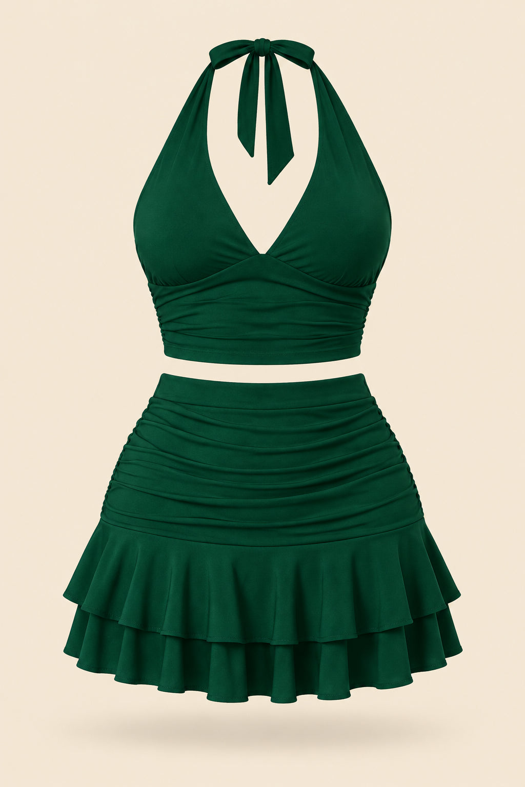 A woman modeling a dark green two-piece halter set with a wrap-style crop top and a ruched ruffled mini skirt, shown in front and back views on a split screen. The image includes a pink 'Diaa shop' logo at the top and contact details at the bottom.
