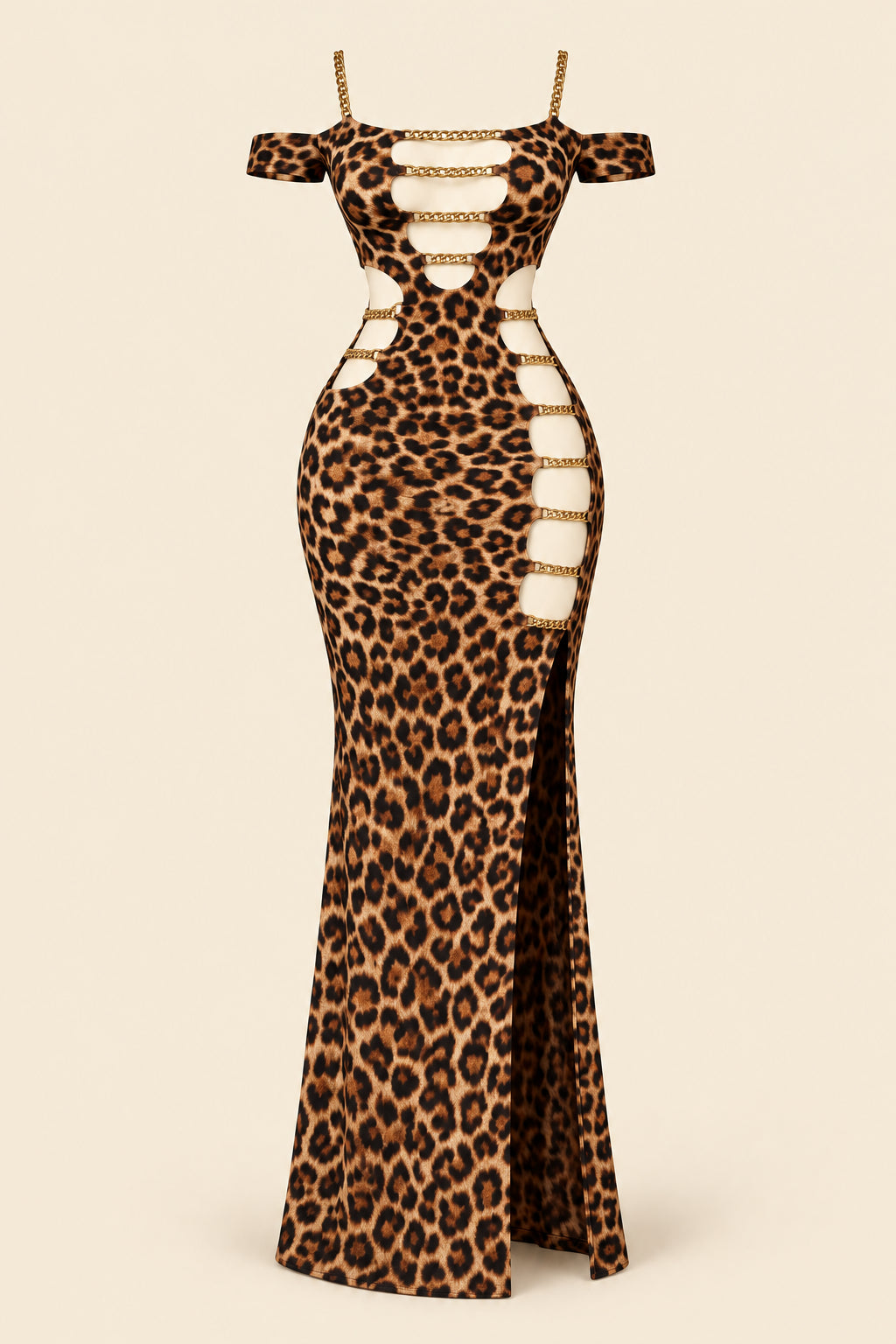 A woman models a leopard-print off-the-shoulder maxi dress with side cutouts and a high slit in a bedroom setting. The brand logo 'Lozin' is visible in the top left, along with a promotional code and a QR code at the bottom.