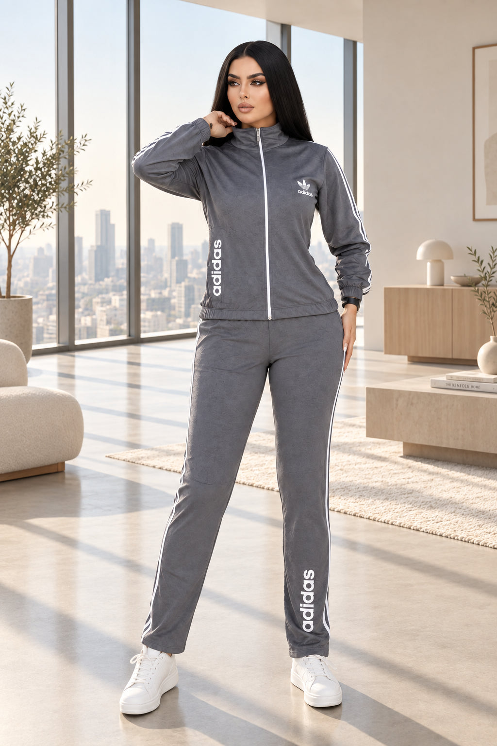 A woman modeling a gray Adidas tracksuit consisting of a zip-up jacket and matching pants, with white Adidas logos on the chest and down the sides. The image has a 'Magic Queen' watermark in the top left, a phone number on the right, and a model badge at the bottom.