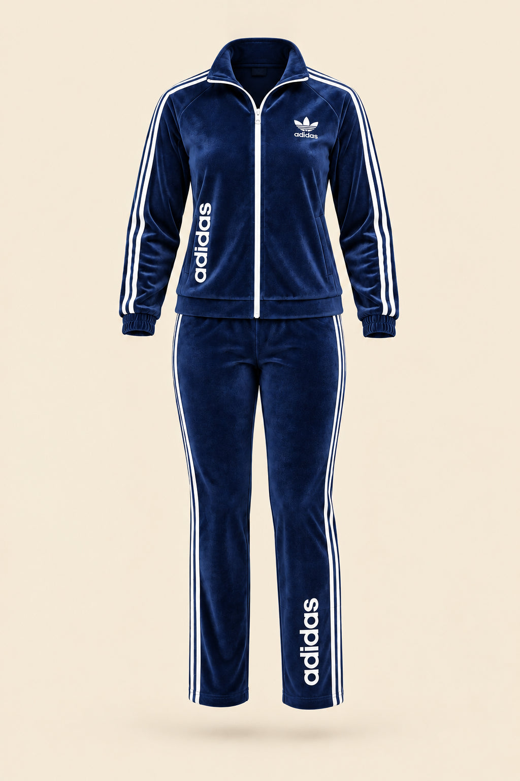A woman modeling a navy blue Adidas tracksuit with white stripes and logos, standing outdoors on a paved walkway with trees in the background. The image includes 'Magic Queen' branding and contact details.