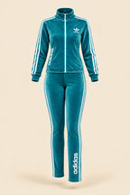 A woman modeling a teal blue Adidas tracksuit with white stripes, featuring a zip-up jacket and matching leggings, set against an outdoor background with a 'Magic Queen' brand overlay.
