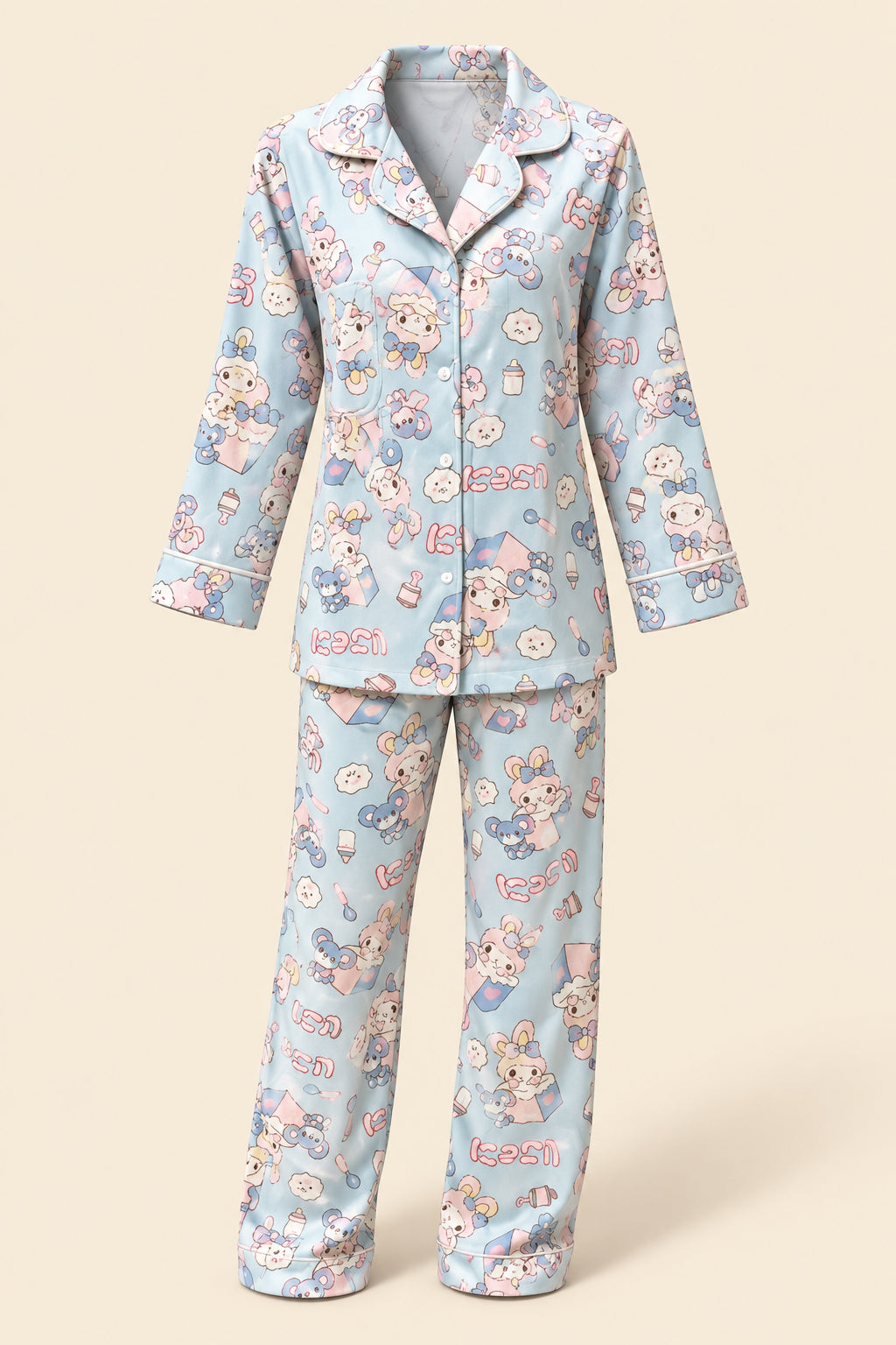 A person wearing a light blue pajama set with a cartoon character print, taking a mirror selfie in an indoor room. The pajamas feature a long-sleeve button-up top and matching pants with a playful multicolor character pattern.