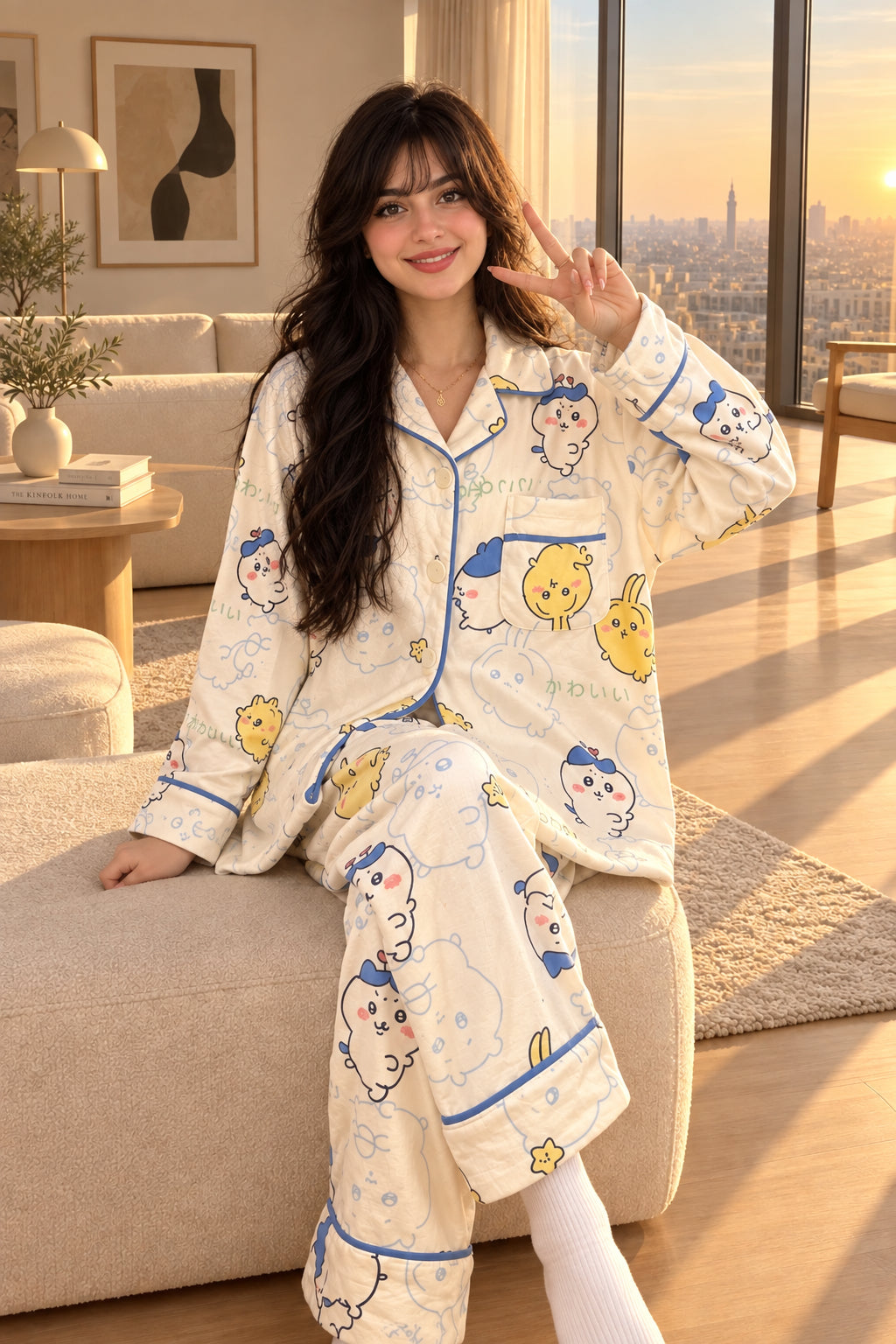 A woman wearing a cream-colored pajama set with cartoon animal prints and blue piping, sitting on a beige sofa in a brightly lit living room.