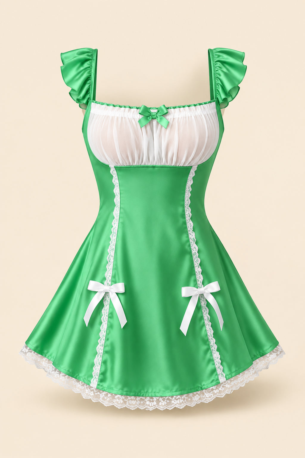 A woman models a green and white lingerie set in a pink-themed bedroom setting. The set includes a green slip-style dress with white lace trim, ruffled sleeves, a white sheer bust panel, and white bow details.