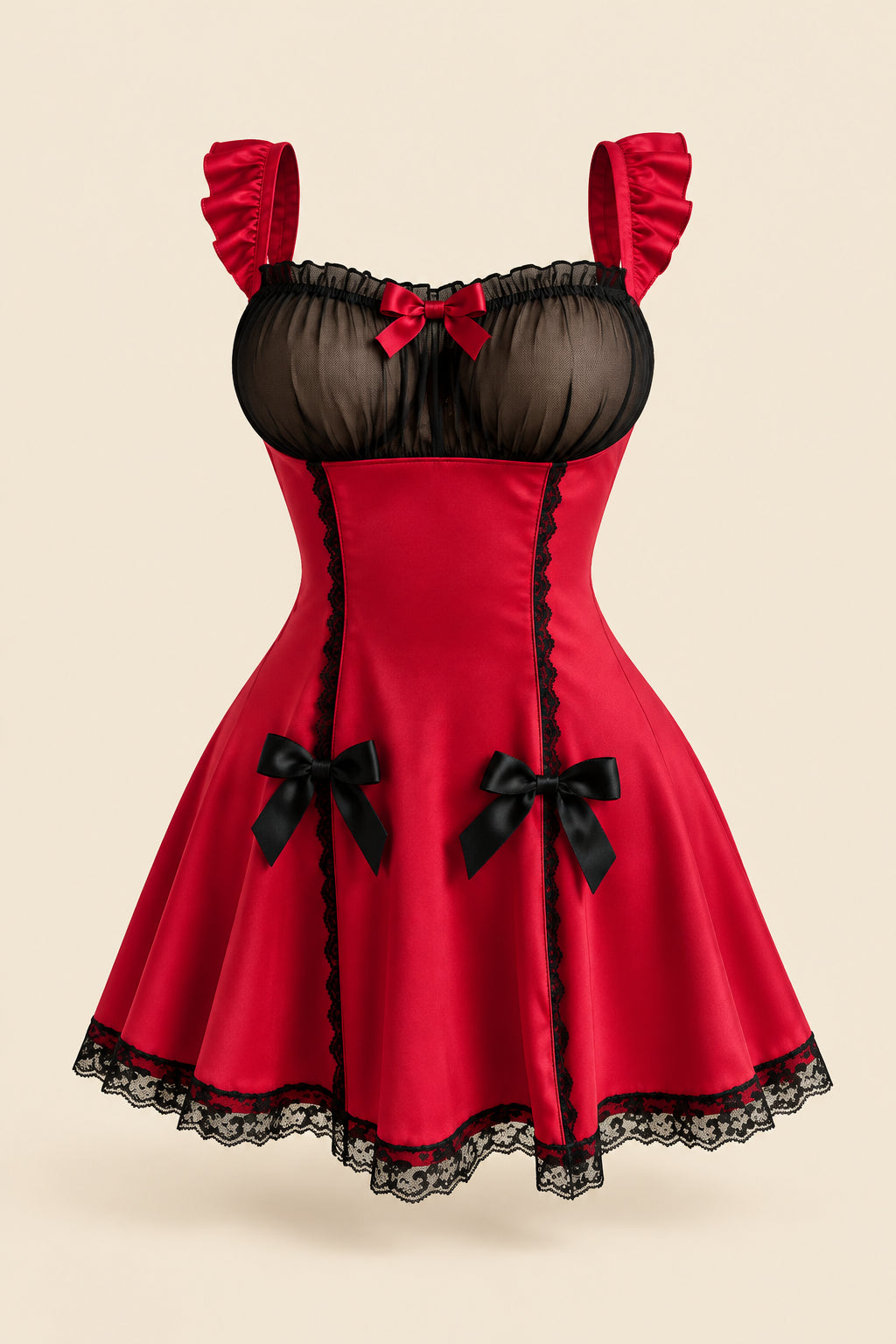 Sweet Bow Accent Satin & Mesh Lingerie Nightdress