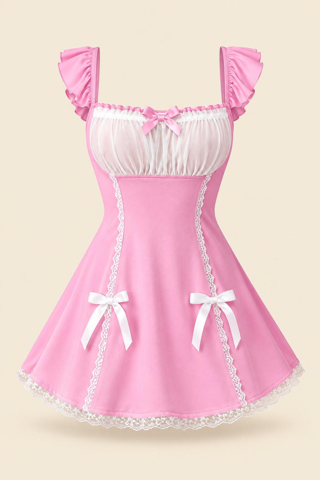 A woman modeling a pink lingerie chemise with white lace trim and bow details, shown in a bedroom setting with promotional text overlays and a small inset back view.