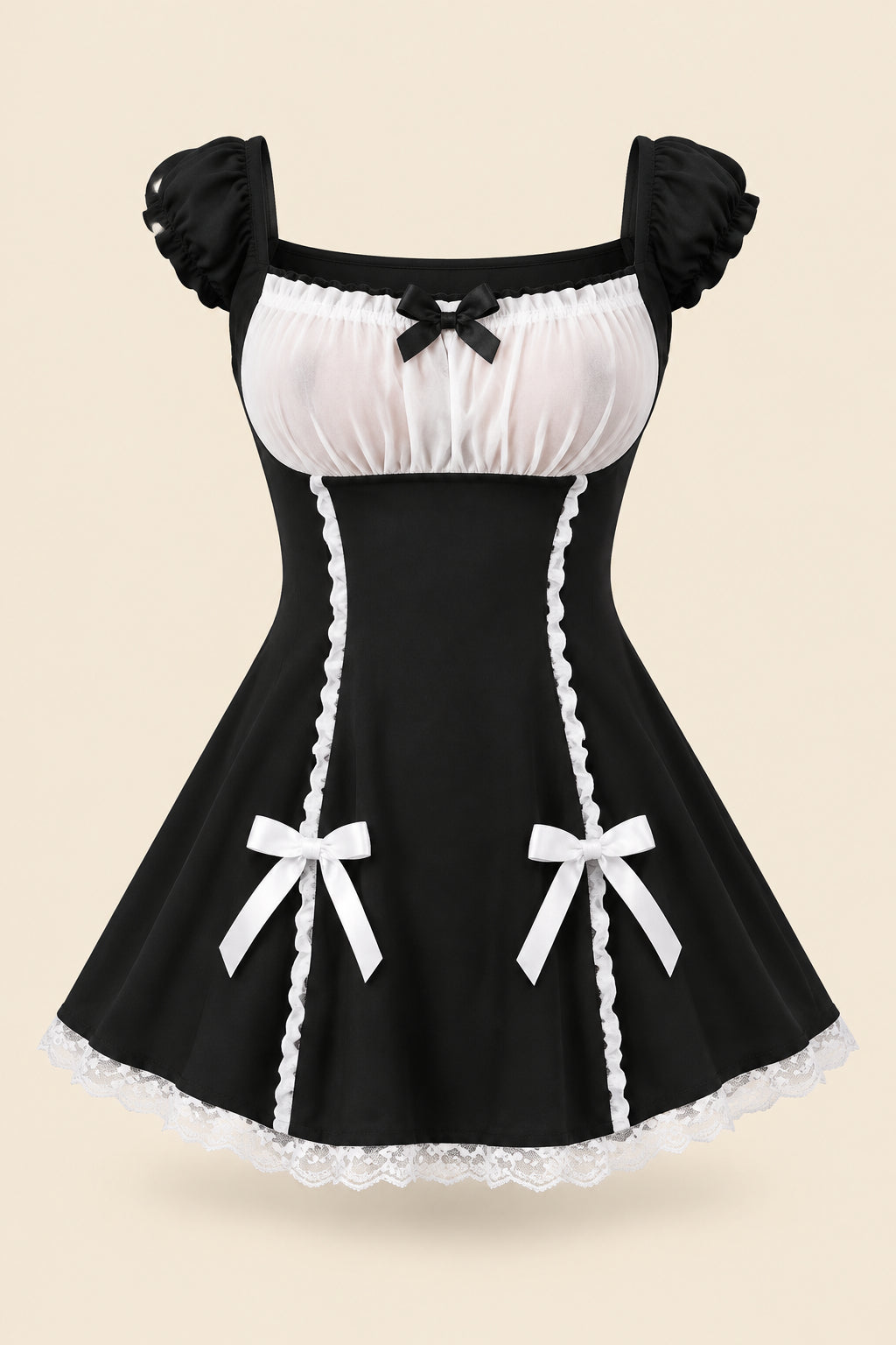 A woman modeling a black and white lingerie dress with ruffled sleeves, a sheer white bust panel, a black bow at the neckline, and white lace trim with bow details at the hips. The image includes promotional text, a smaller inset showing the back view, and a pink bedroom background.