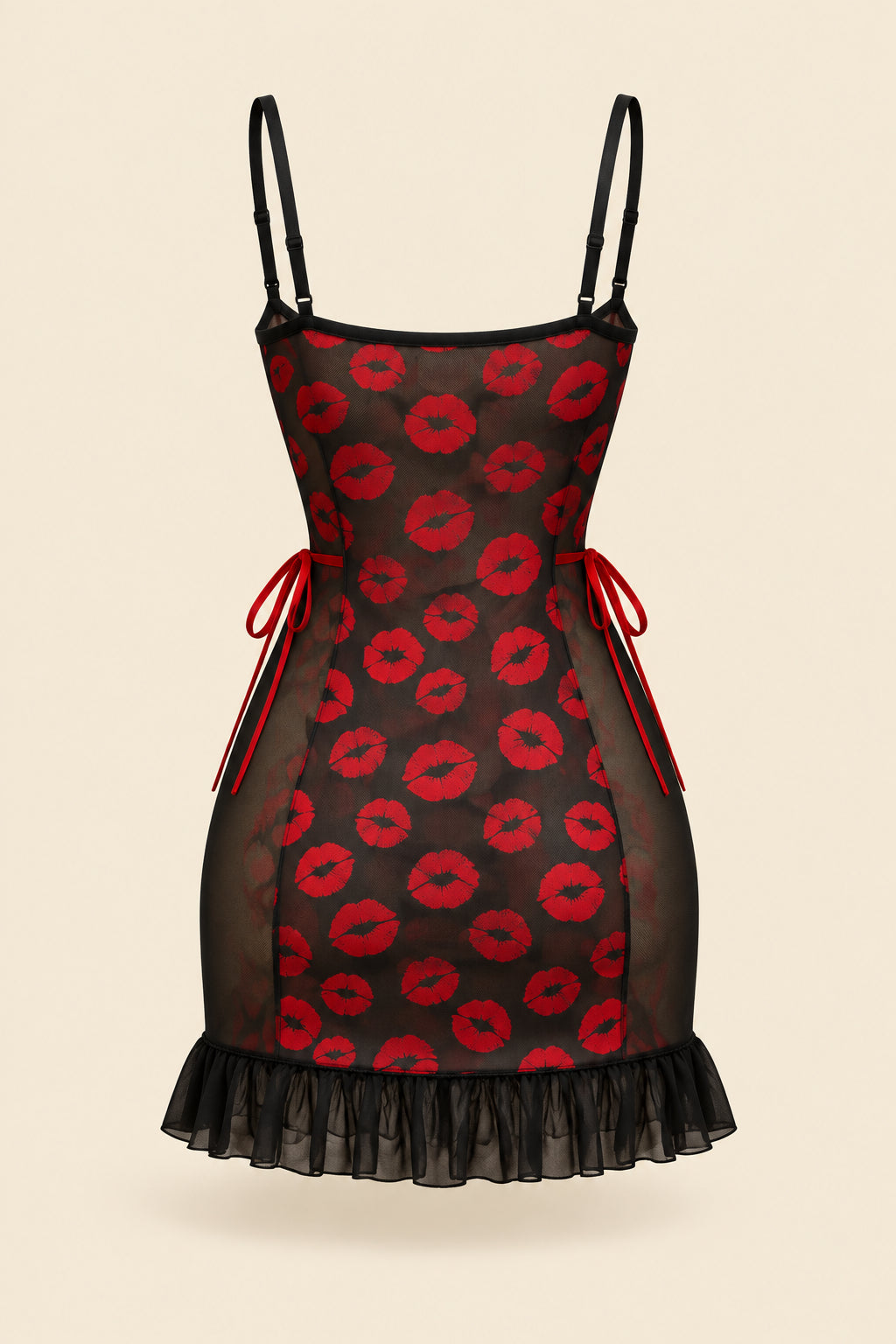 A woman models a black mini dress with red lip print and sheer mesh panels in a warmly lit bedroom setting. Two smaller inset views on the right show the dress from different angles, and text overlays include 'JOY ENA Lingerie', 'Size Free Size Model 1342', and promotional copy.