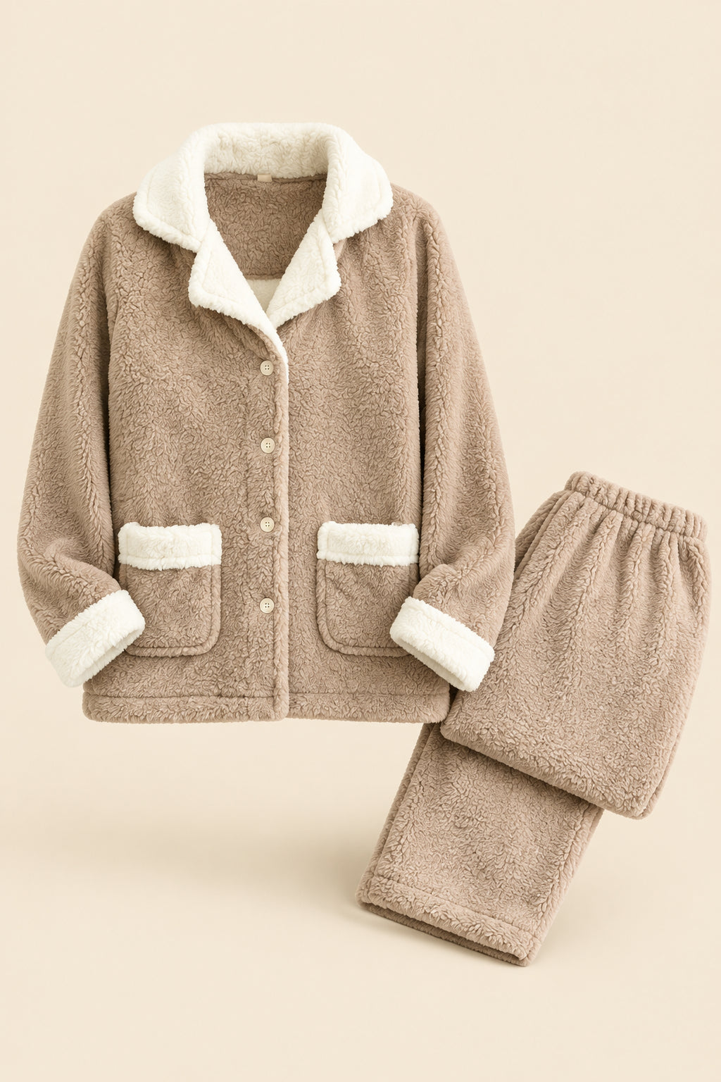 A two-piece fleece pajama set in a warm taupe-beige color with contrasting white sherpa lining, featuring a long-sleeve button-front top with pockets and matching pants. The set is displayed on a white background with a brand logo in the top right and a code label in the bottom left.